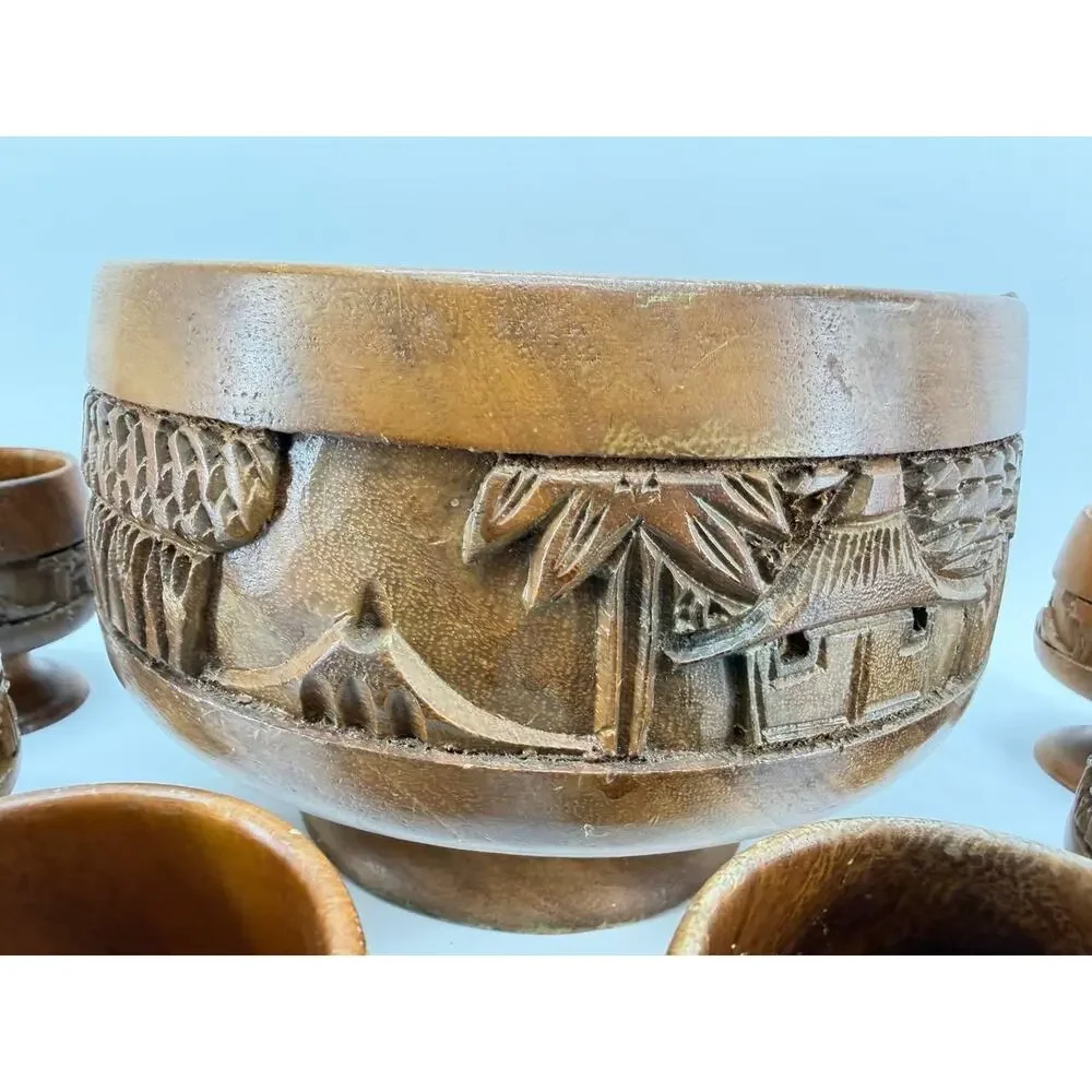 Vintage Hand Carved Wood Punch Bowl Set 6 Goblets Tiki Village 3 lb